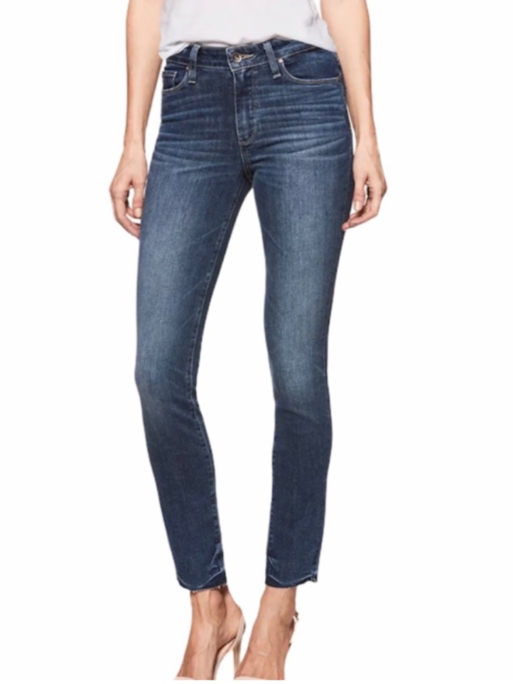 PAIGE Hoxton Ankle Peg Raw-Hem Cropped Slim Jeans in Dark Blue